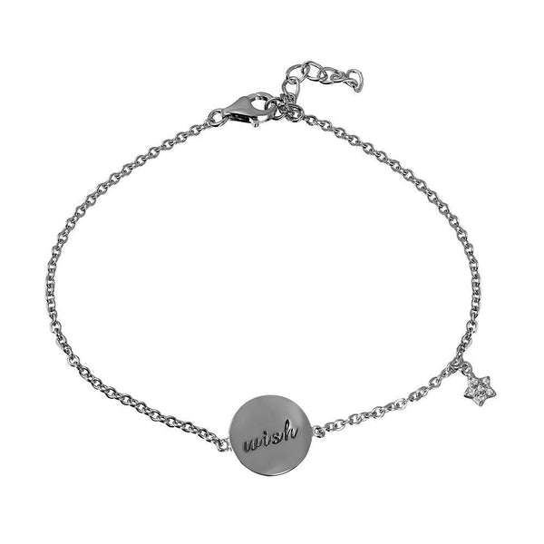 Silver 925 Rhodium Plated Bracelet with Disc Engraved with and Dangle CZ Star - STB00528 | Silver Palace Inc.