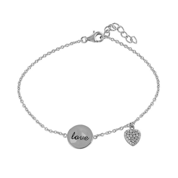 Silver 925 Rhodium Plated Love and Heart with CZ Bracelet - STB00529 | Silver Palace Inc.