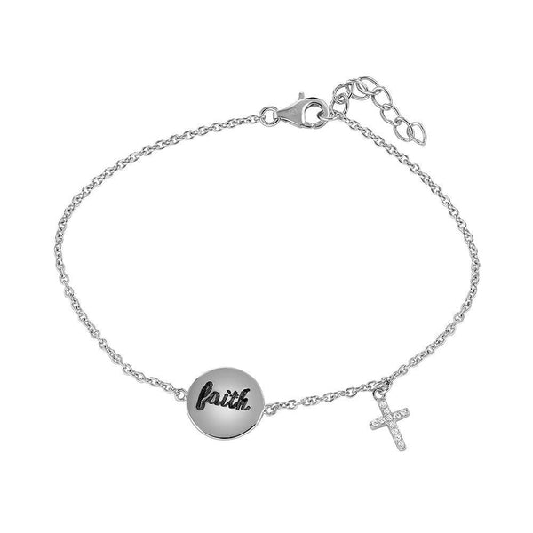Silver 925 Rhodium Plated Faith and Cross with CZ Bracelet - STB00530 | Silver Palace Inc.