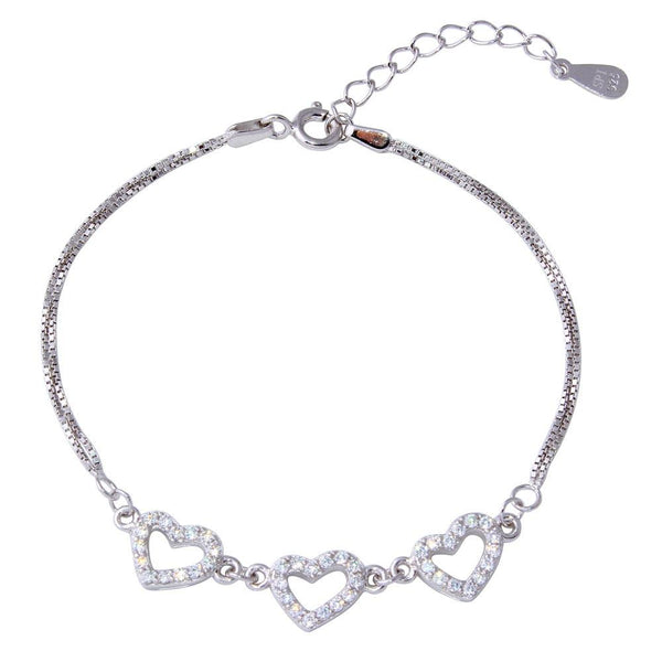 Silver 925 Rhodium Plated Double Strand Box Bracelet with 3 CZ Hearts - STB00539RH | Silver Palace Inc.
