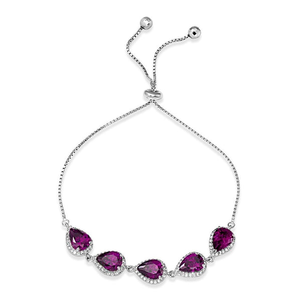Sterling Silver Rhodium Plated 5 Micro Pave Purple Pear and Clear Round CZ Lariat Bracelet - STB00549PUR | Silver Palace Inc.