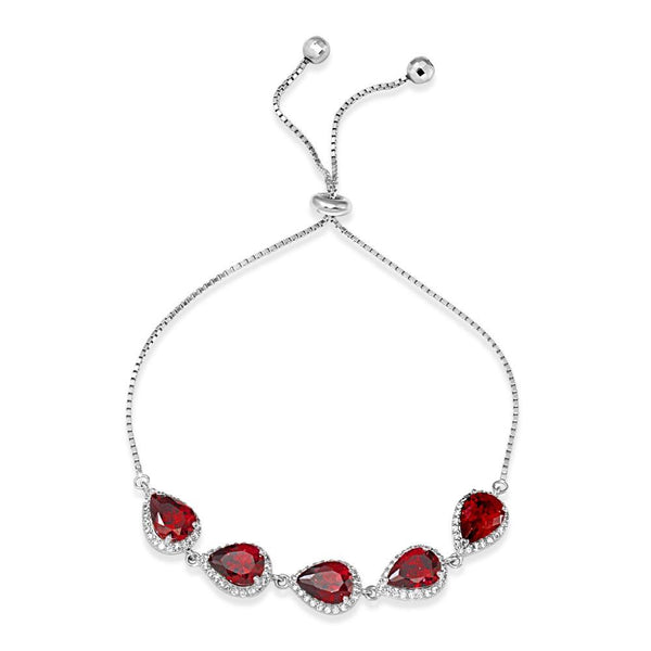 Sterling Silver Rhodium Plated 5 Micro Pave Red Pear and Clear Round CZ Lariat Bracelet - STB00549RED | Silver Palace Inc.