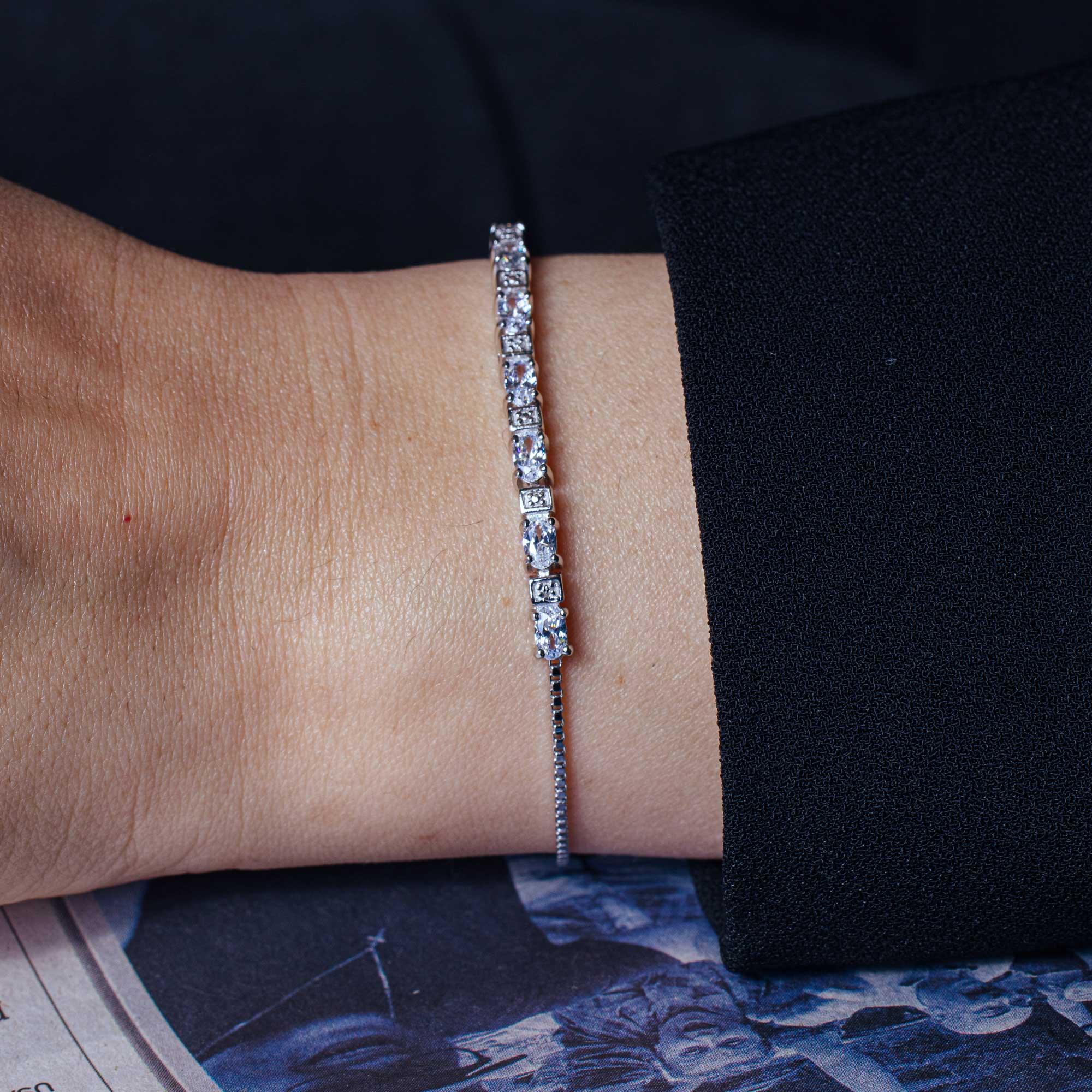 Rhodium Plated 925 Sterling Silver CZ Stone Lariat Bracelet - STB00554