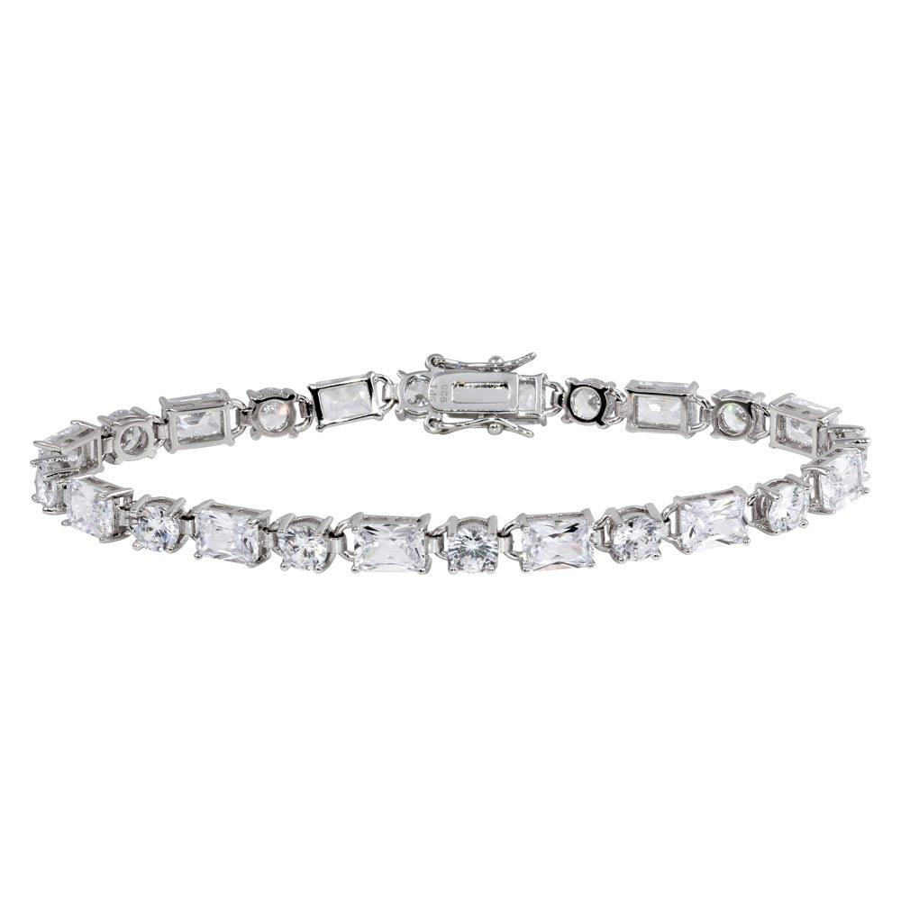 Rhodium Plated 925 Sterling Silver Round and Rectangle CZ Tennis 