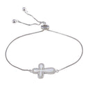 Rhodium Plated 925 Sterling Silver Lariat Side Way Mother of Pearl Cross CZ Bracelet - STB00575 | Silver Palace Inc.