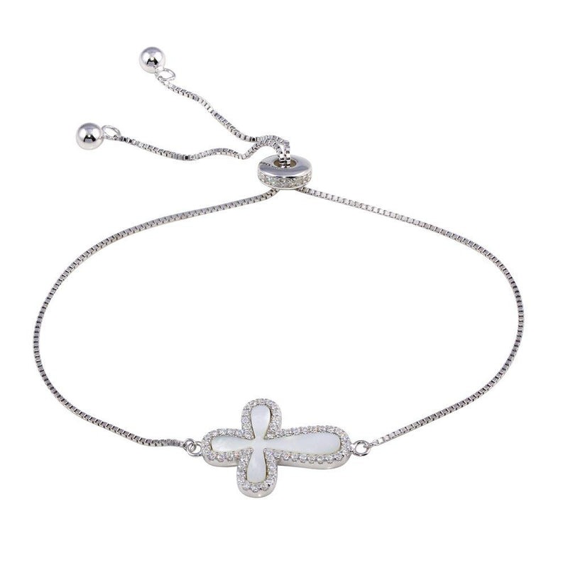 Silver 925 Rhodium Plated Lariat Side Way Mother of Pearl Cross CZ Bracelet - STB00575 | Silver Palace Inc.