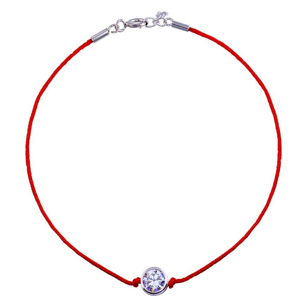 Rhodium Plated 925 Sterling Silver Single CZ Red Cord Bracelet - STB00592 | Silver Palace Inc.