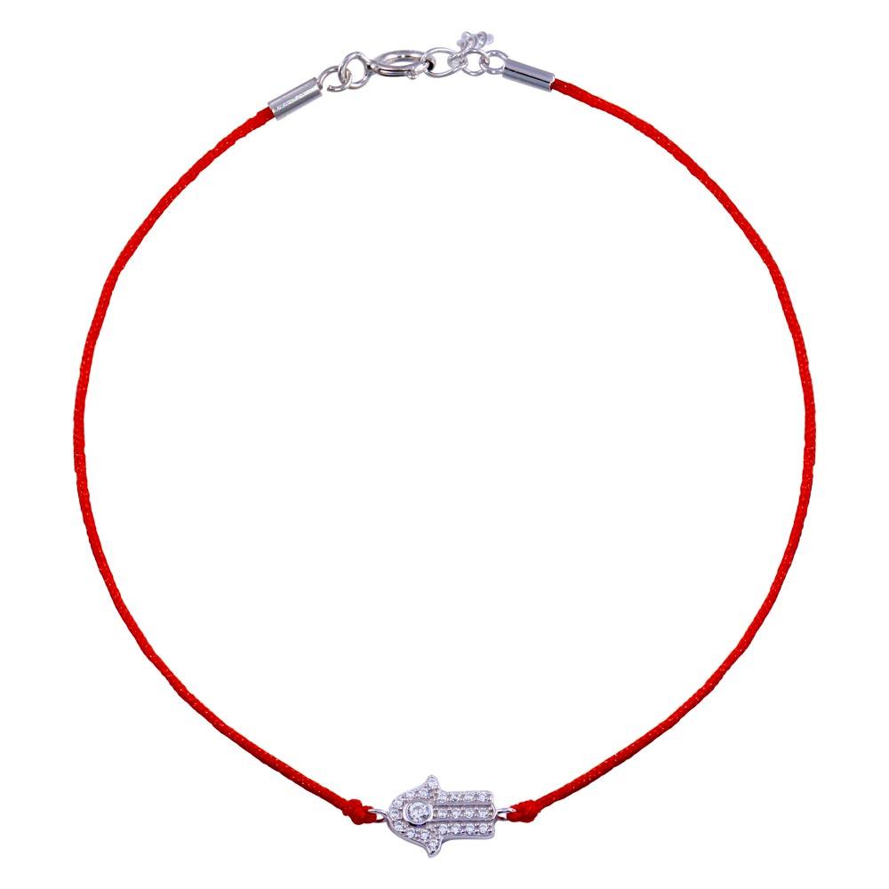 Rhodium Plated 925 Sterling Silver Hamsa Hand CZ Red Cord Bracelet - STB00595 | Silver Palace Inc.
