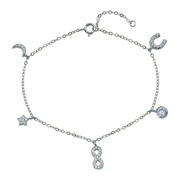 Silver 925 Rhodium Plated CZ Horse Shoe Infinity Star Moon Charm Bracelet - STB00604 | Silver Palace Inc.