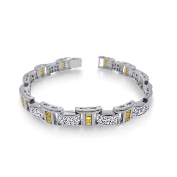 Men's Silver 925 Rhodium Plated Clear and Yellow CZ Link Bracelet - STBM05Y | Silver Palace Inc.