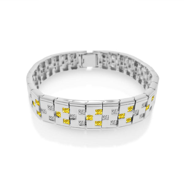 Men's Sterling Silver 925 Rhodium Plated Yellow and Clear CZ Domino Design Bracelet - STBM12Y | Silver Palace Inc.