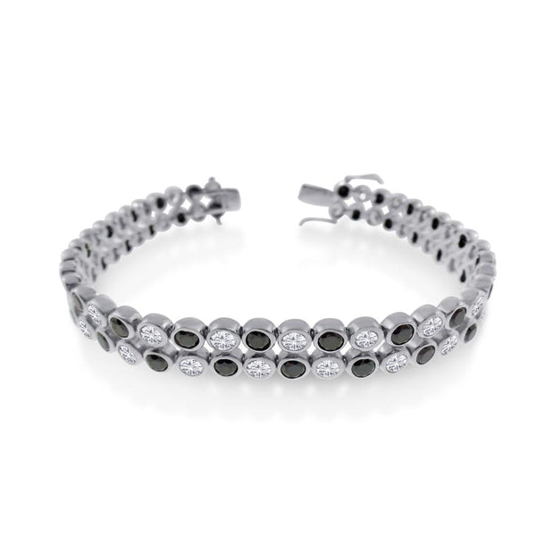 Men's Silver 925 Rhodium Plated 2 Row Clear and Black CZ Bubble Bracelet - STBM18BLK | Silver Palace Inc.