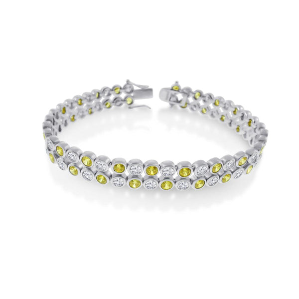 Men's Silver 925 Rhodium Plated 2 Row Clear and Yellow CZ Bubble Bracelet - STBM18Y | Silver Palace Inc.