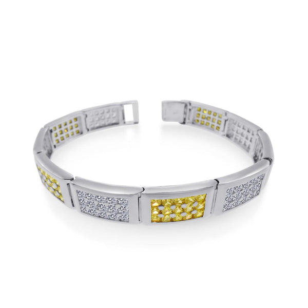 Men's Silver 925 Rhodium Plated Rectangle Bar Clear and Yellow CZ Link Bracelet - STBM22 | Silver Palace Inc.