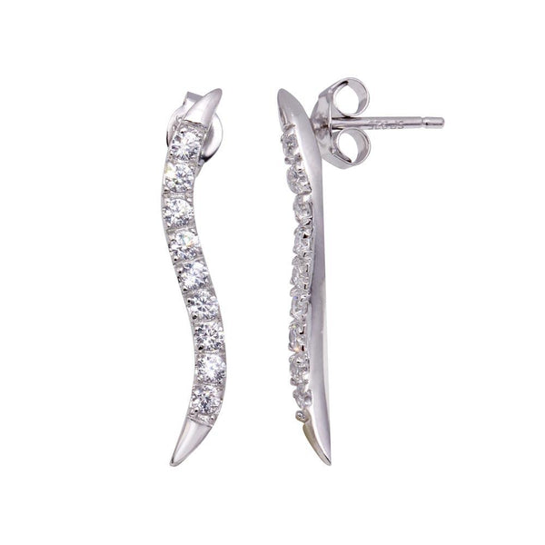 Silver 925 Rhodium Plated CZ Thin Wavy Stud Earrings - STE00010 | Silver Palace Inc.