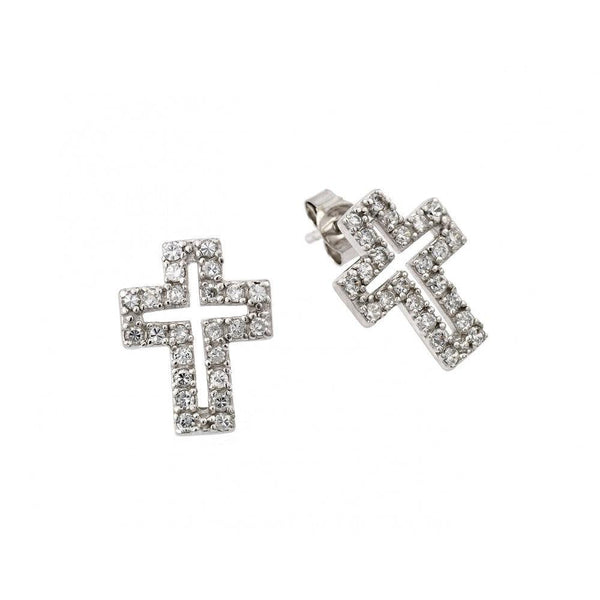 Silver 925 Rhodium Plated Cross Clear CZ Inlay Stud Earrings - STE00023 | Silver Palace Inc.