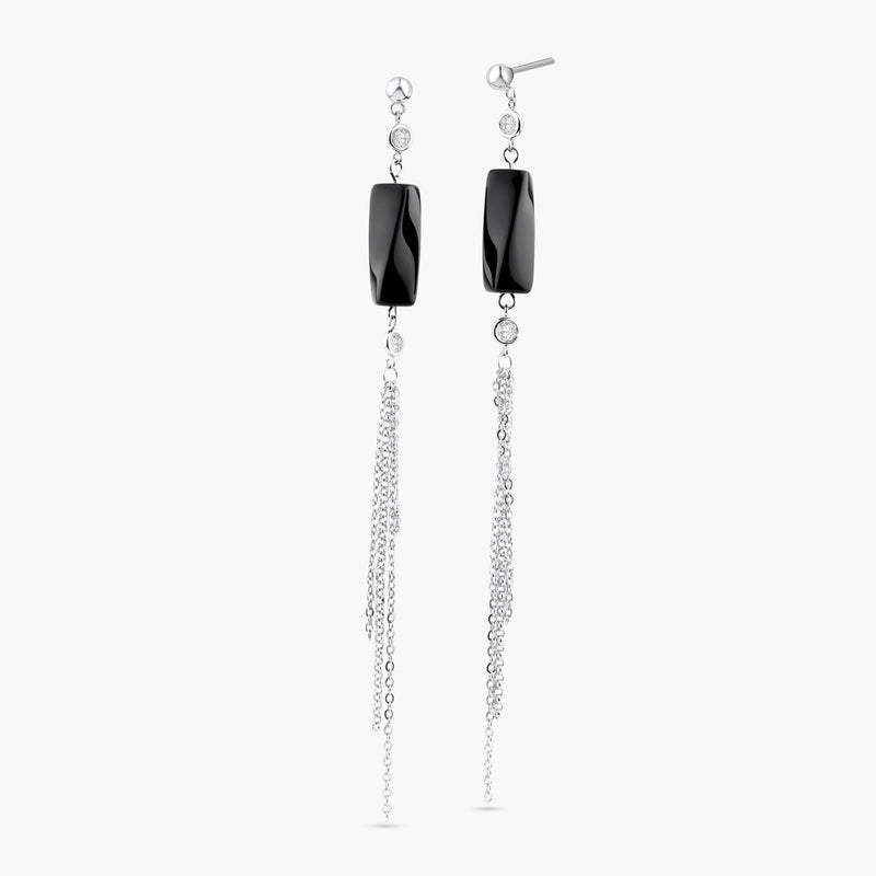 Closeout-Silver 925 Rhodium Plated Round Black Wavy Rectangle CZ Multi Strand Dangling Stud Earrings - STE00283 | Silver Palace Inc.