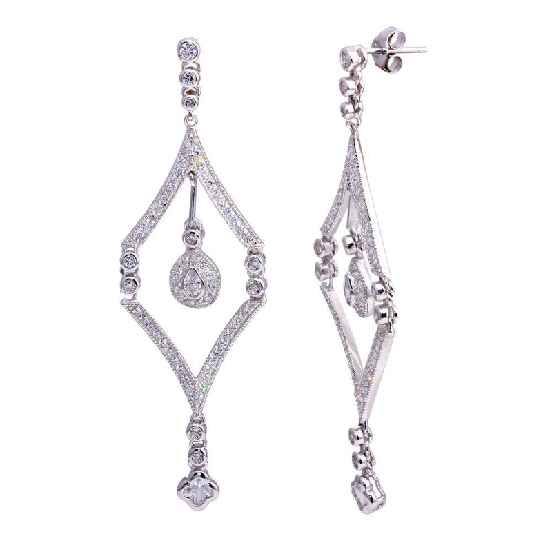 Silver 925 Rhodium Plated Clover and Teardrop CZ Square Open Chandelier Dangling Post Earrings - STE00396 | Silver Palace Inc.