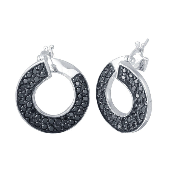 Closeout-Silver 925 Rhodium Plated Twirl Round Ramp Black CZ Hoop Earrings - STE00552 | Silver Palace Inc.