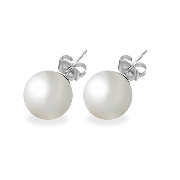 Silver 925 Rhodium Plated White Pearl CZ Stud Earrings - STE00639WHT | Silver Palace Inc.