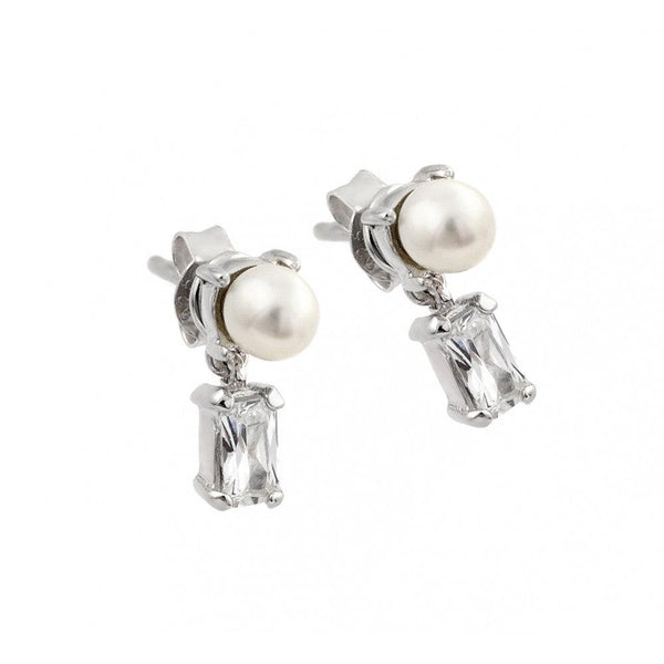 Silver 925 Rhodium Plated Baguette Clear CZ Pearl Dangling Stud Earrings - STE00887 | Silver Palace Inc.