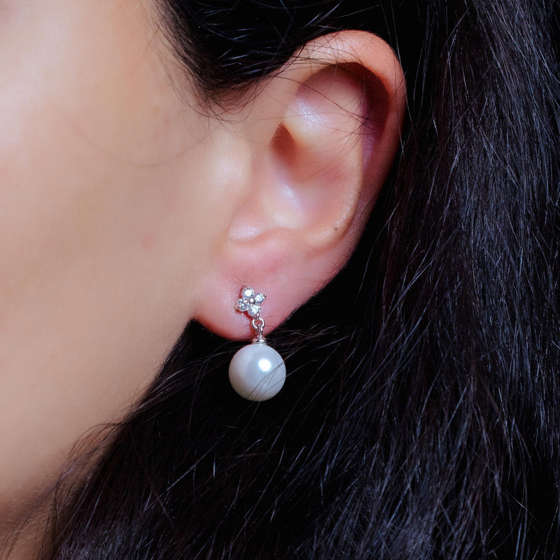 Pendientes colgantes de perlas de esmalte CZ transparente chapado en rodio de plata 925 - STE00896