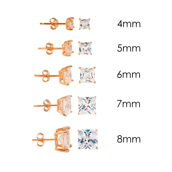 Silver 925 Rose Gold Plated Square Basket Clear CZ Stud Earrings - STE00953RGP | Silver Palace Inc.
