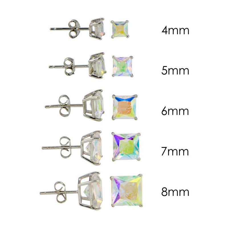 Rhodium Plated 925 Sterling Silver Square Basket Clear ABL CZ Stud Earrings - STE00954ABL | Silver Palace Inc.