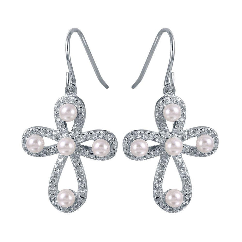 Silver 925 Rhodium Plated Rounded Textured Cross Earrings with Synthetic Pearls - STE00969 | Silver Palace Inc.