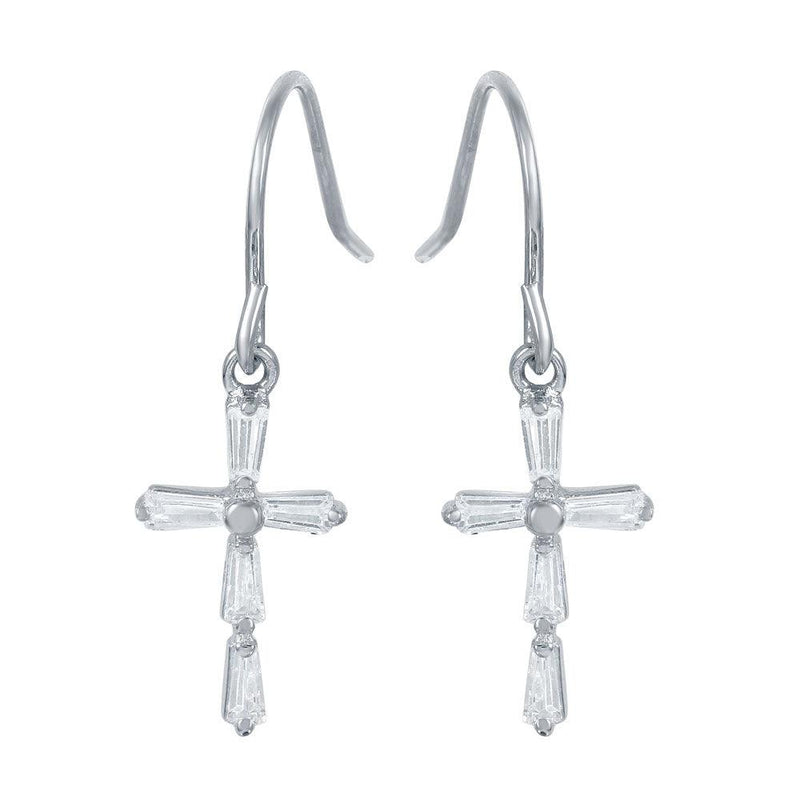 Silver 925 Rhodium Plated Small Cross Earrings with CZ Baguette Accents - STE00970 | Silver Palace Inc.