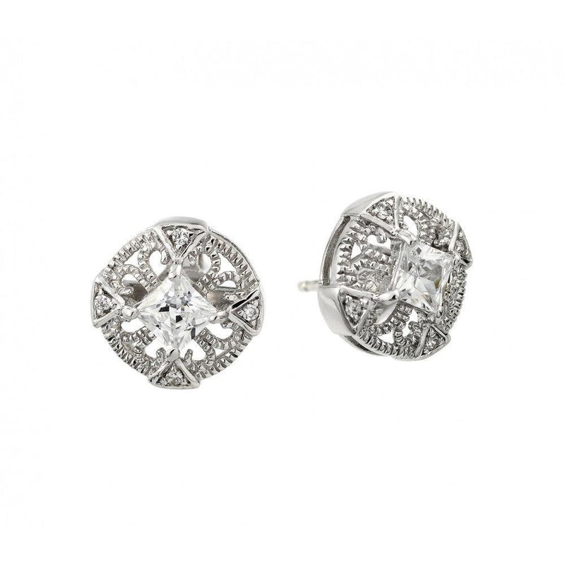 Silver 925 Rhodium Plated CZ Horn Pattern Triangles Square CZ Earrings - STE00972 | Silver Palace Inc.