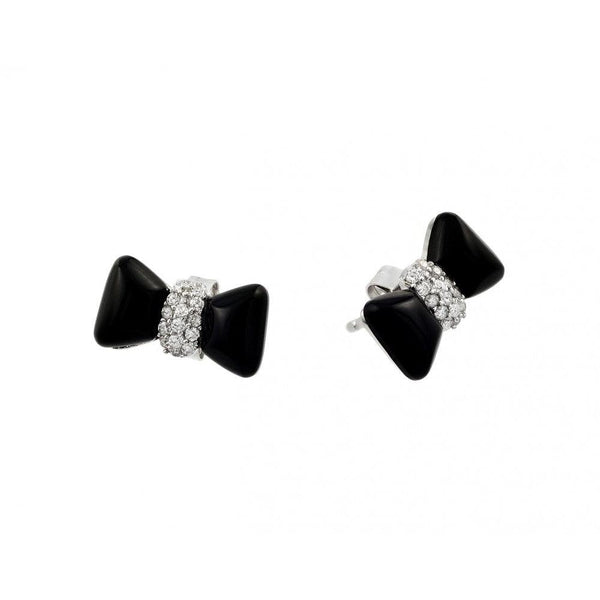 Silver 925 Rhodium Plated Black Enamel Bow Tie Earrings - STE00976 | Silver Palace Inc.