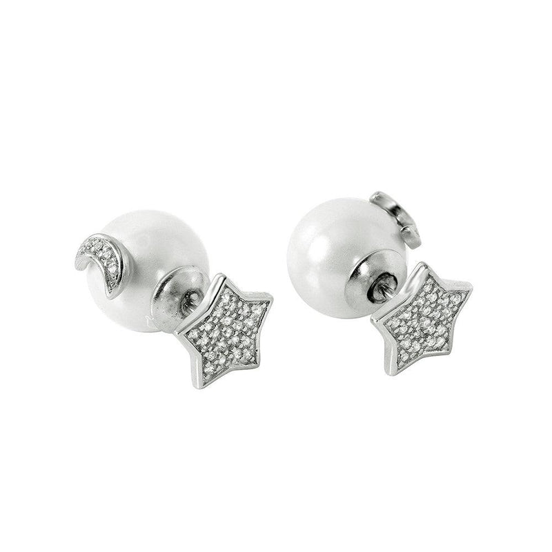 Silver 925 Rhodium Plated Star Moon Pearl Stud Earrings - STE00983 | Silver Palace Inc.