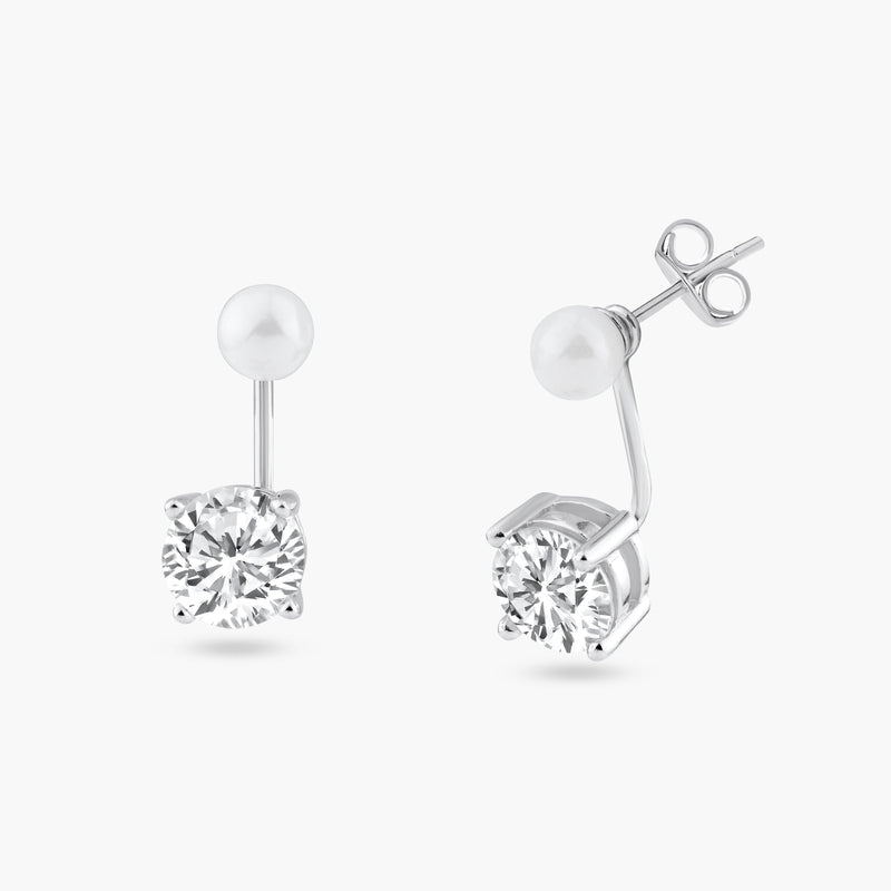 Silver 925 Rhodium Plated Pearl Front and Back Earrings - STE00990 | Silver Palace Inc.