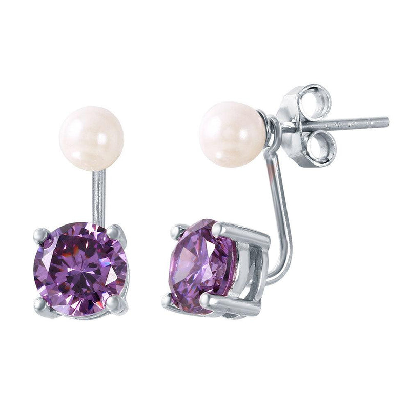Silver 925 Rhodium Plated Pearl Purple Front and Back Earrings - STE00990FEB | Silver Palace Inc.