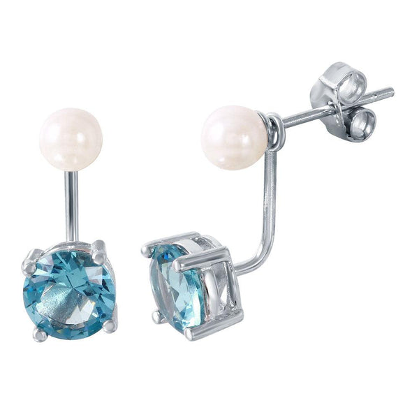 Silver 925 Rhodium Plated Pearl Light Blue Front and Back Earrings - STE00990MAR | Silver Palace Inc.
