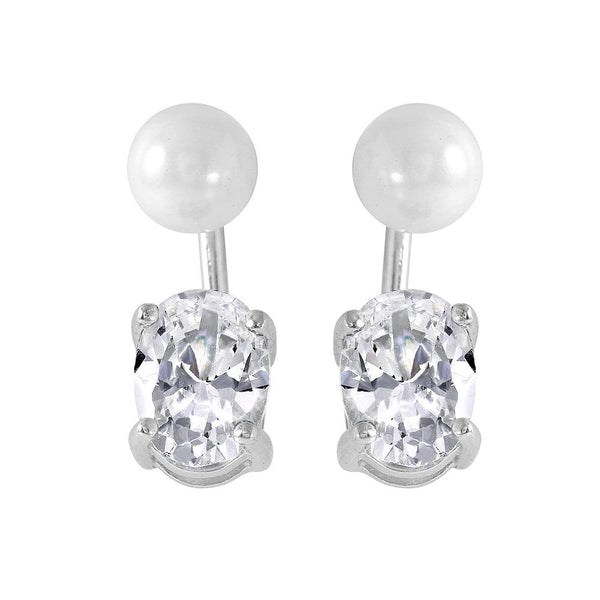 Silver 925 Rhodium Plated Synthetic Pearl Oval CZ Earrings - STE00991 | Silver Palace Inc.