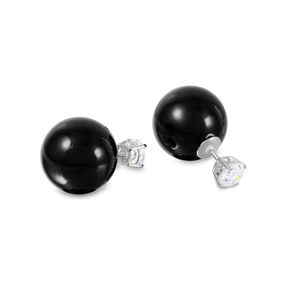 Silver 925 Rhodium Plated CZ Black Synthetic Pearls Front and Back Earrings - STE00994BLK | Silver Palace Inc.