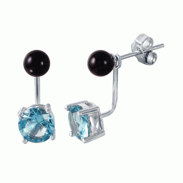 Silver 925 Light Blue CZ Black Synthetic Pearl Front and Back  Earrings - STE00999MAR | Silver Palace Inc.