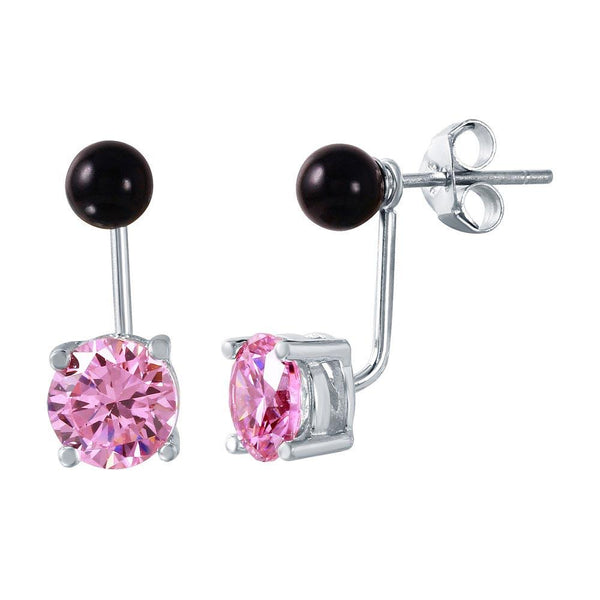 Silver 925 Birthstone Black Synthetic Pearl Pink CZ Front and Back Earrings - STE00999OCT | Silver Palace Inc.