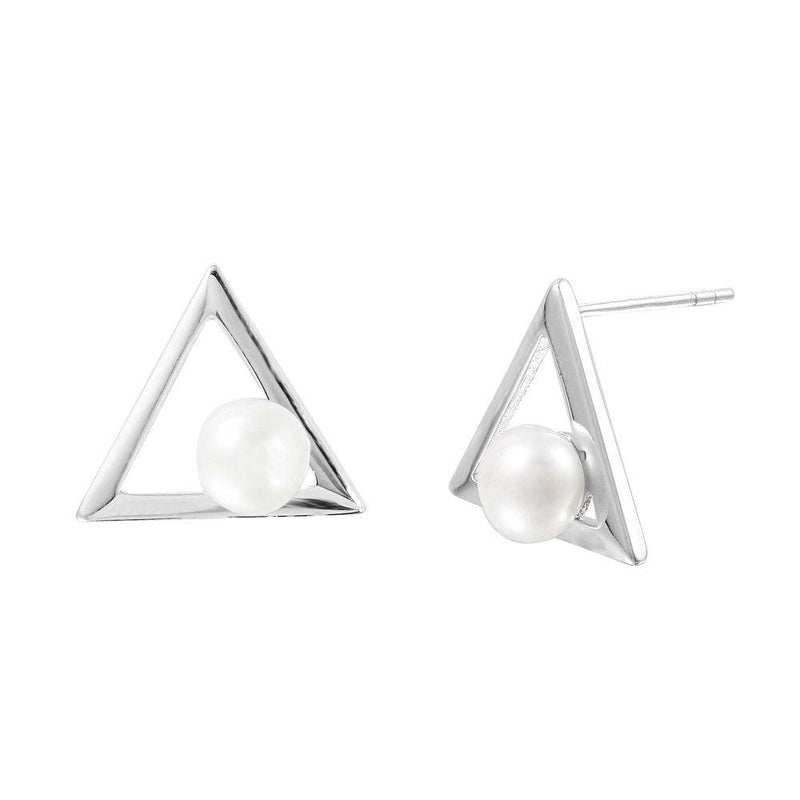 Silver 925 Rhodium Plated Open Triangle Fresh Water Pearl Stud Earrings - STE01002 | Silver Palace Inc.