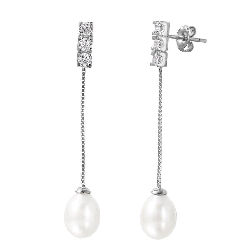 Silver 925 Rhodium Plated Chain Pearl CZ Dangling Stud Earrings - STE01004 | Silver Palace Inc.