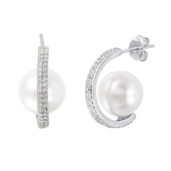 Silver 925 Rhodium Plated C-Curved Pearl CZ Stud Earrings - STE01005 | Silver Palace Inc.