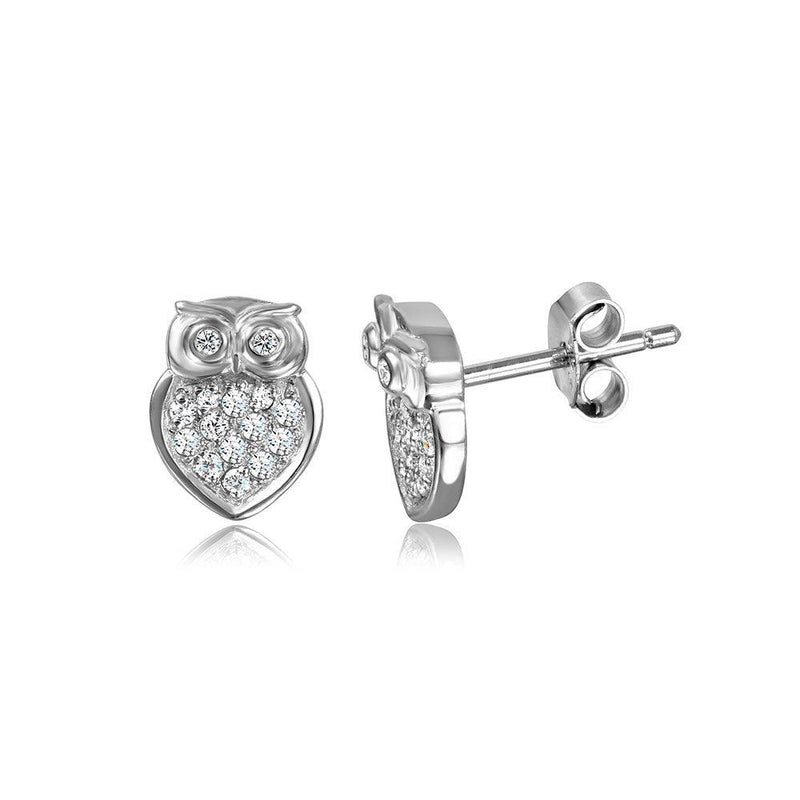 Silver 925 Rhodium Plated Owl Post CZ Earrings - STE01007 | Silver Palace Inc.