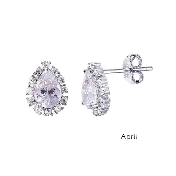 Silver 925 Rhodium Plated Teardrop Halo CZ Birthstone Earrings April - STE01027-APR | Silver Palace Inc.