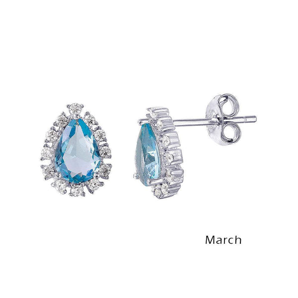 Silver 925 Rhodium Plated Teardrop Halo CZ Birthstone Earrings March - STE01027-MAR | Silver Palace Inc.