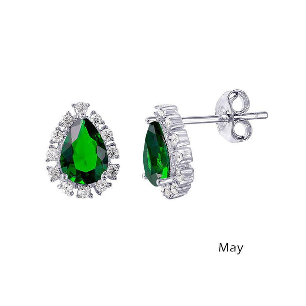 Silver 925 Rhodium Plated Teardrop Halo CZ Birthstone Earrings May - STE01027-MAY | Silver Palace Inc.