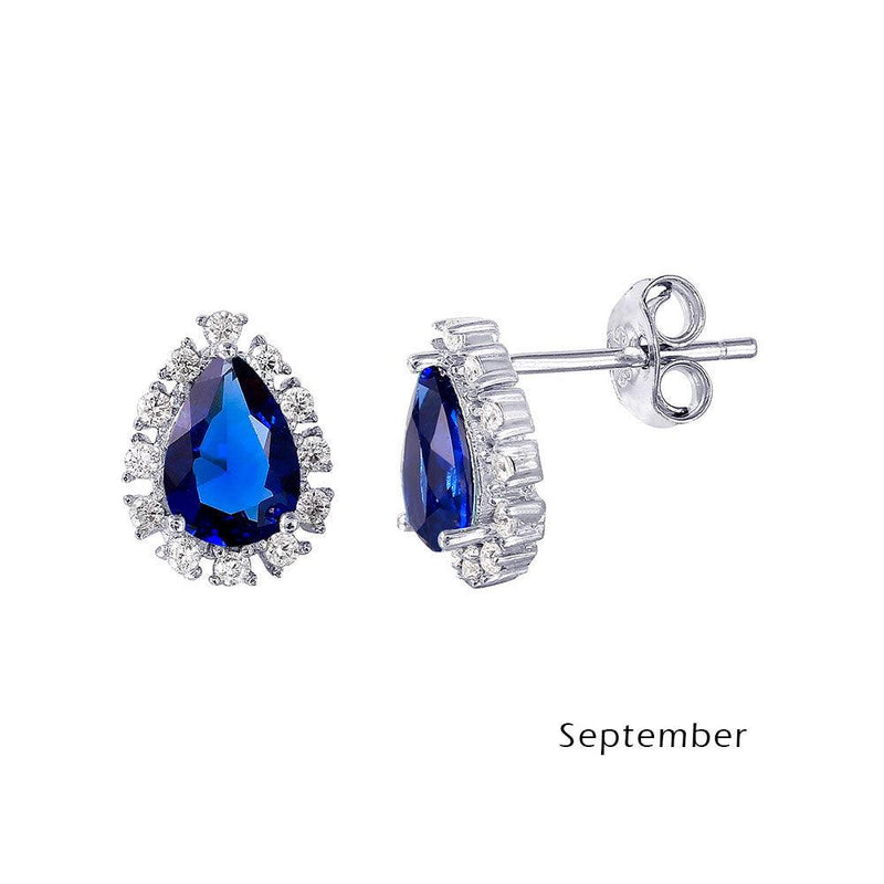 Silver 925 Rhodium Plated Teardrop Halo CZ Birthstone Earrings September - STE01027-SEP | Silver Palace Inc.