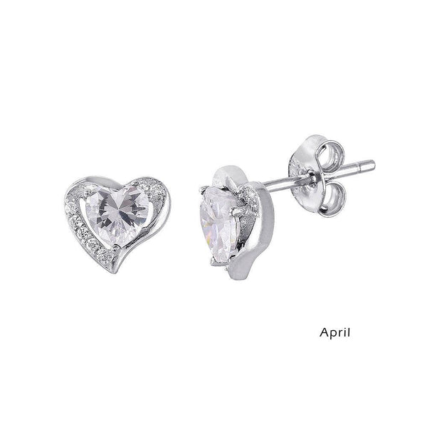 Silver 925 Rhodium Plated Heart with Birthstone Center Stud Earrings April - STE01028-APR | Silver Palace Inc.