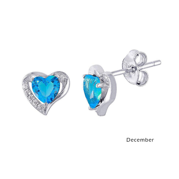 Silver 925 Rhodium Plated Heart with Birthstone Center Stud Earrings December - STE01028-DEC | Silver Palace Inc.